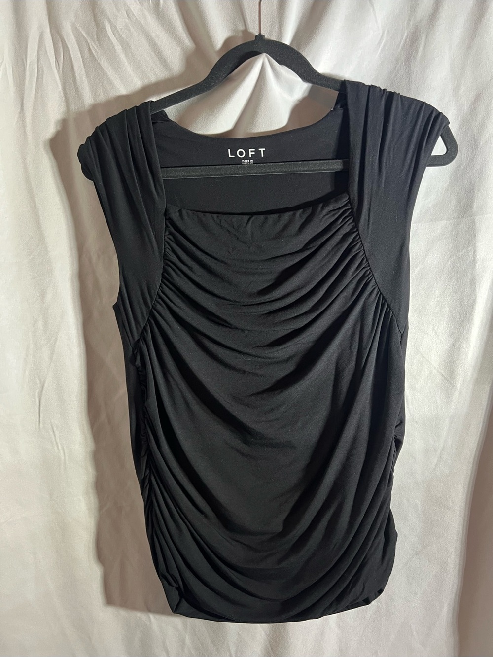 LOFT Black Ruched Cap-Sleeve Draped Front Top